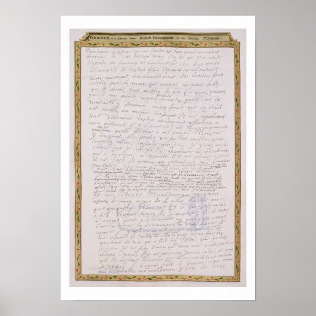 Póster Facsimilhança de uma carta de Elizabeth I a Franco (Frente)