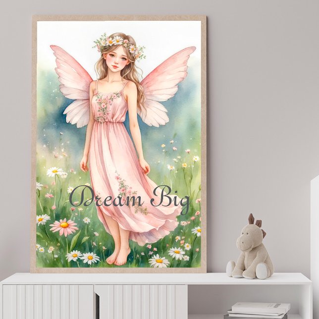 Poster Fada aguarela rosa em parede de prado de flores si (Criador carregado)
