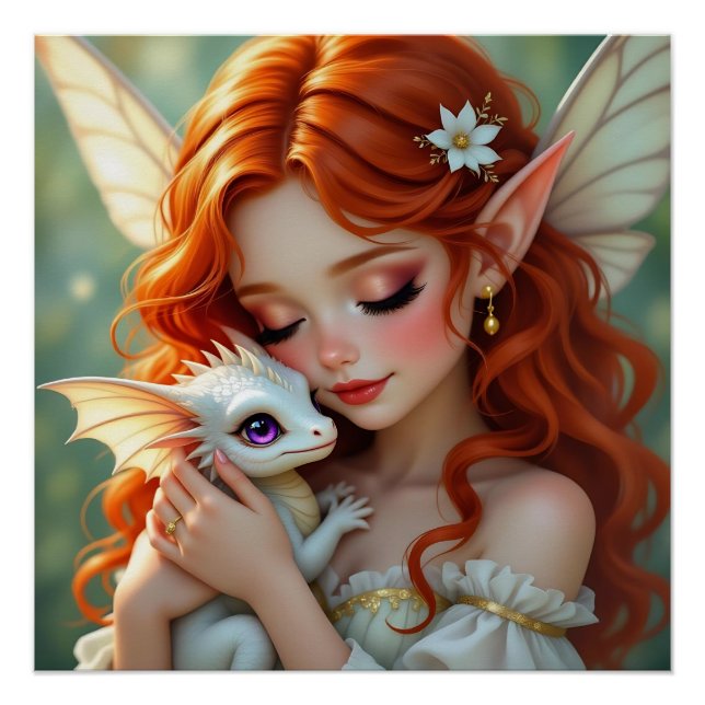 Póster Fada Bonita de Cabelo Vermelho com Dragão (Frente)
