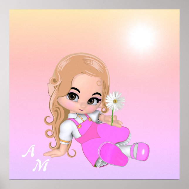 Poster Fada Bonita & Monograma em Tons Rosa (Frente)