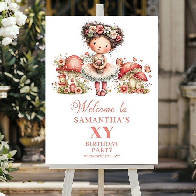 Poster Fada Caprichosa 1º Aniversário Flores Rosadas Bem- (Whimsical Fairy 1st Birthday Blush Flowers Welcome Sign)