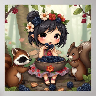 Poster Fada Chibi Comendo Amoras com Amigos da Floresta