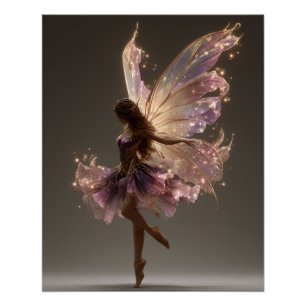Póster Fada Cor-de-Rosa e Dourada Voadora sob Estrelas