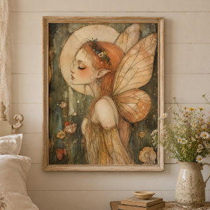 Poster Fada da Floresta Vintage com Coroa de Flores Arte 
