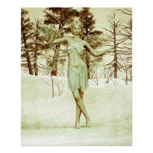 Póster Fada de Inverno na Floresta Nevada Arte Fantasia