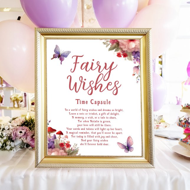 Poster Fada Deseja O Primeiro Sinal De Cápsula De Anivers (Fairy Wishes Time Capsule Fairy Birthday Party Sign - Matching Notecards Available)