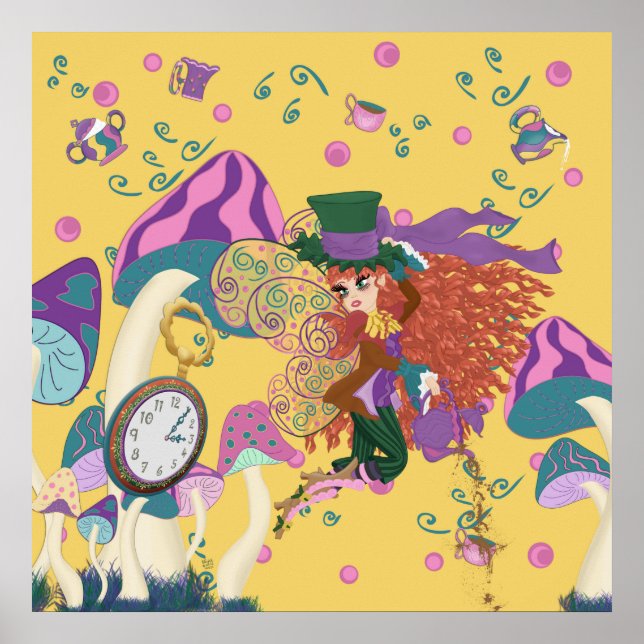 Poster Fada do Tea Party, Vintage Watch e Cogumelos (Frente)