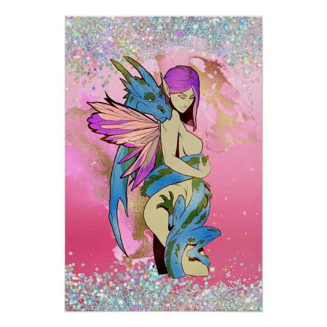 Póster Fada e Dragão no skate de Marca Dd rosa (Frente)