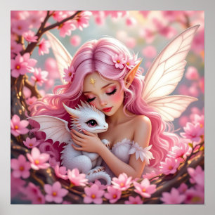 Poster Fada Elfa Rosa Bonita & Dragão