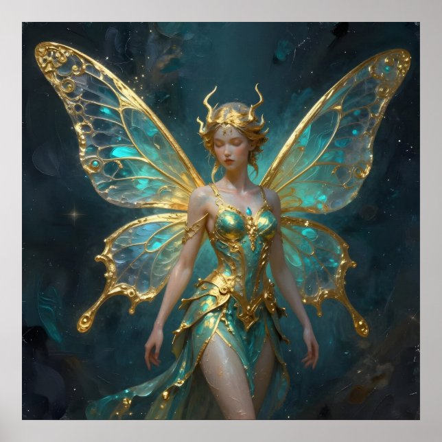 Poster Fada Encantada em Dourado e Turquesa (Frente)
