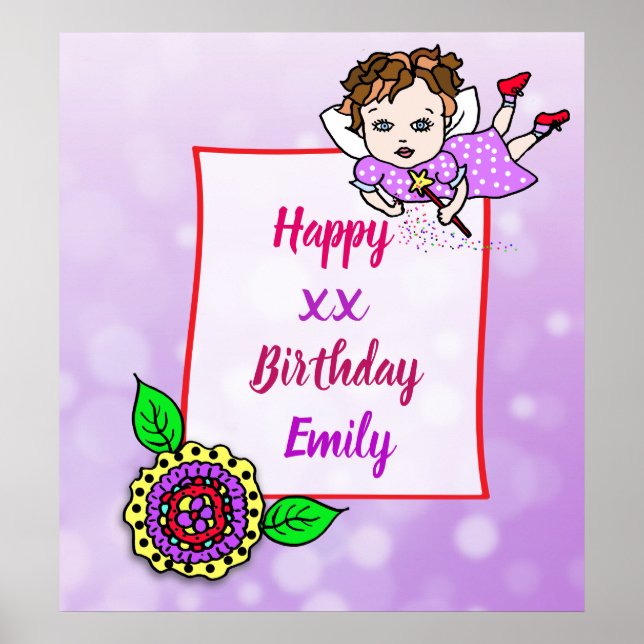 Poster Fada Menina Aniversário Feliz com Cabelo Castanho  (Frente)