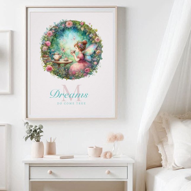 Póster Fada Princesa Rosa Jardim Tea Holo Inspiração (enchanted garden fairy princess tea roses magical nursery kids decor personalized monogram inspire)