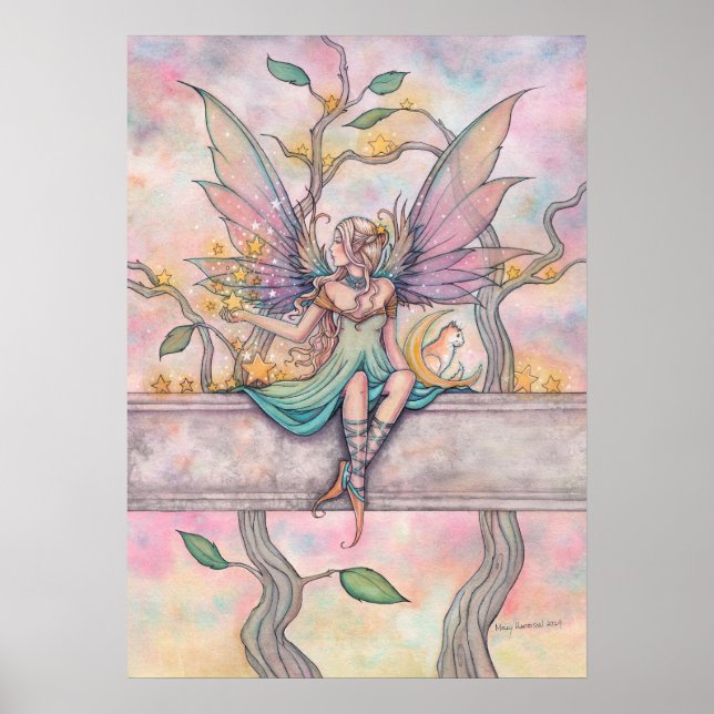 Poster Fada Sentada com Estrelas com Arte de Gato Listrad (Frente)