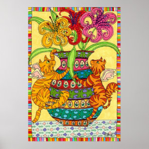 Póster Fadas de Gato com Vaso Ornamentado de Lírios