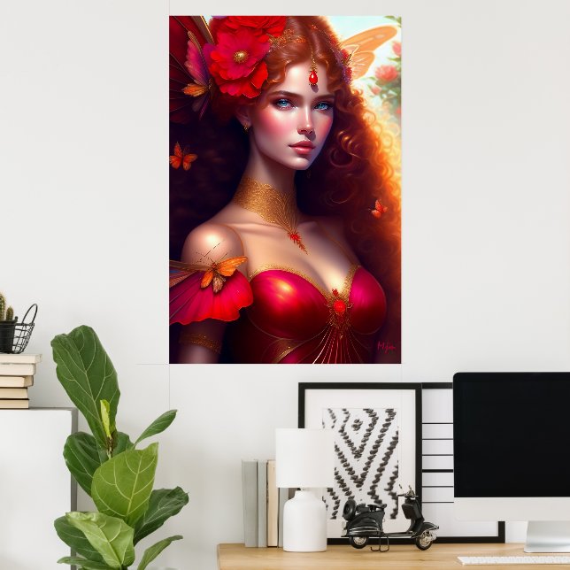 Poster Fadas Vermelhas da Fantasia Flores Vermelhas (Escritório em casa)