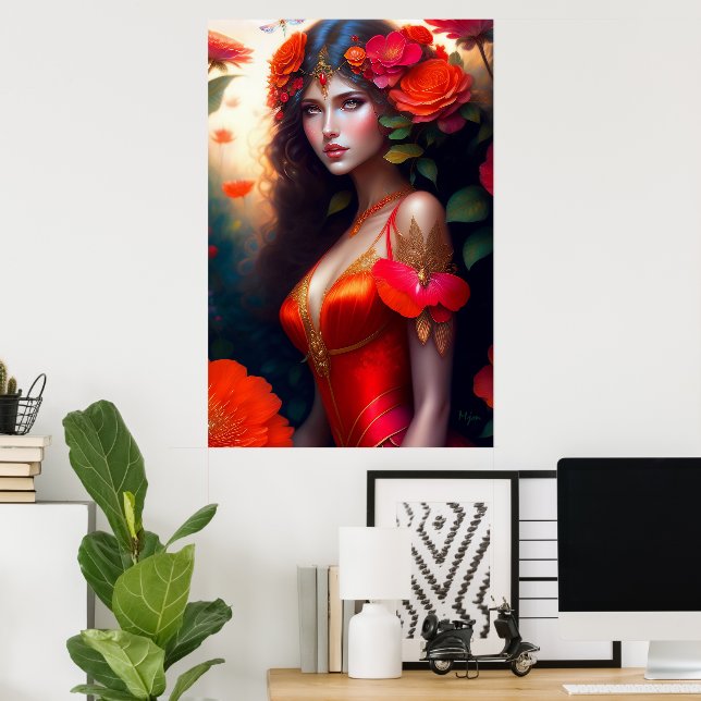 Poster Fadas Vermelhas da Fantasia Flores Vermelhas (Escritório em casa)