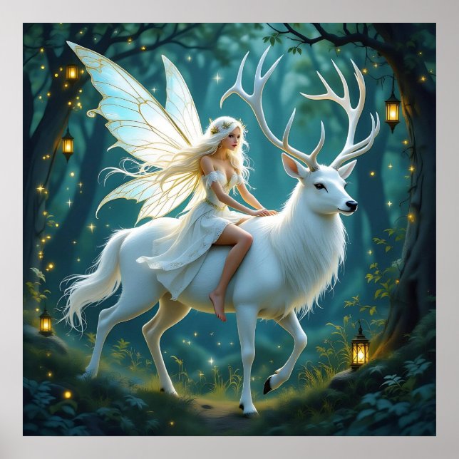 Poster Fairy and White Deer Magical Forest (Frente)