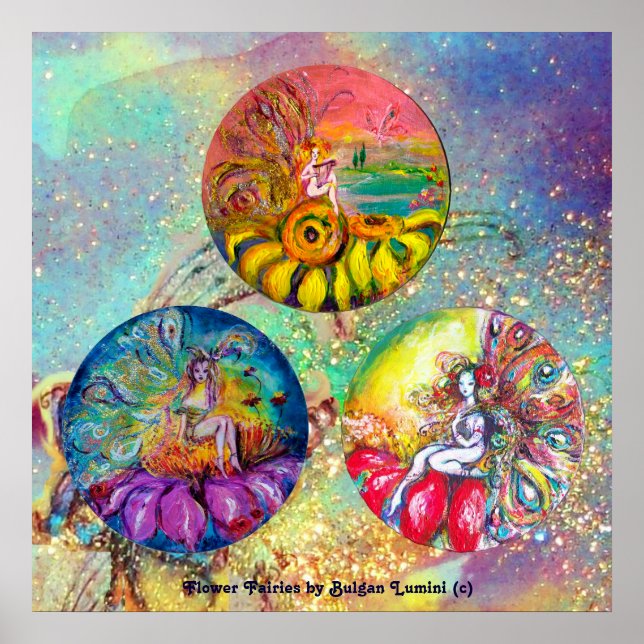 PÓSTER FAIRY FLOWY TALES EM ESPUMES DOURADOS VERDES AZUIS (Frente)