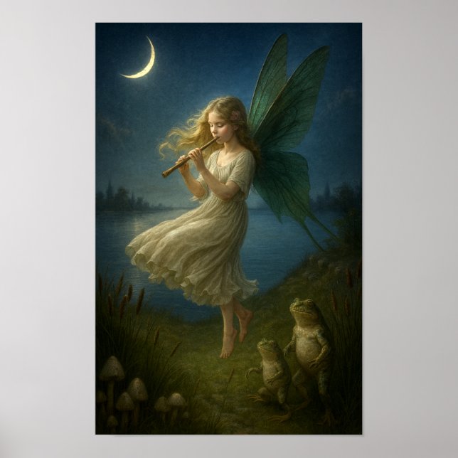 Poster Fairy Girl Playing A Flute To Frogs In Moonlight (Frente)