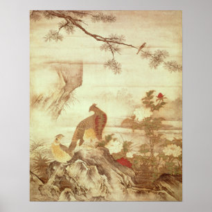 Poster Faisão e peônias, de uma série de rolos