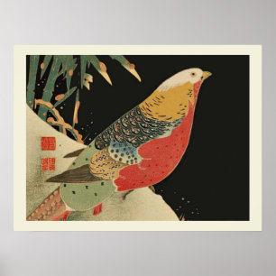 Póster Faisão no Woodcut japonês do pássaro da neve