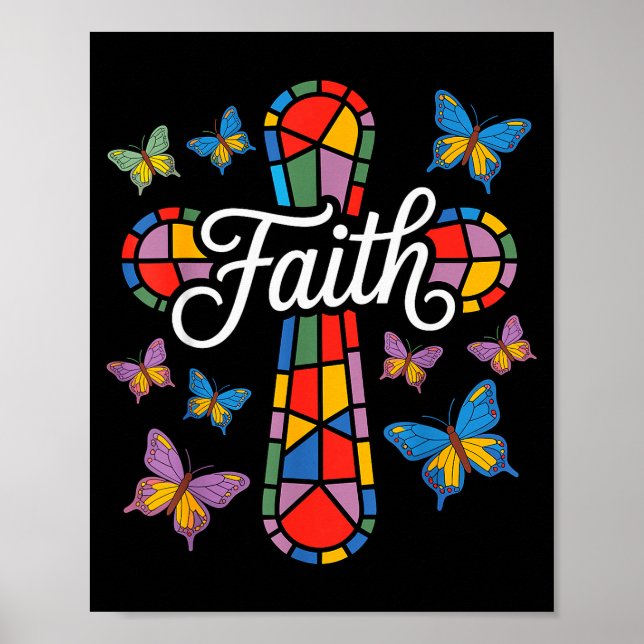 Poster Faith Cross Butterflies And Flowers Christian  (Frente)