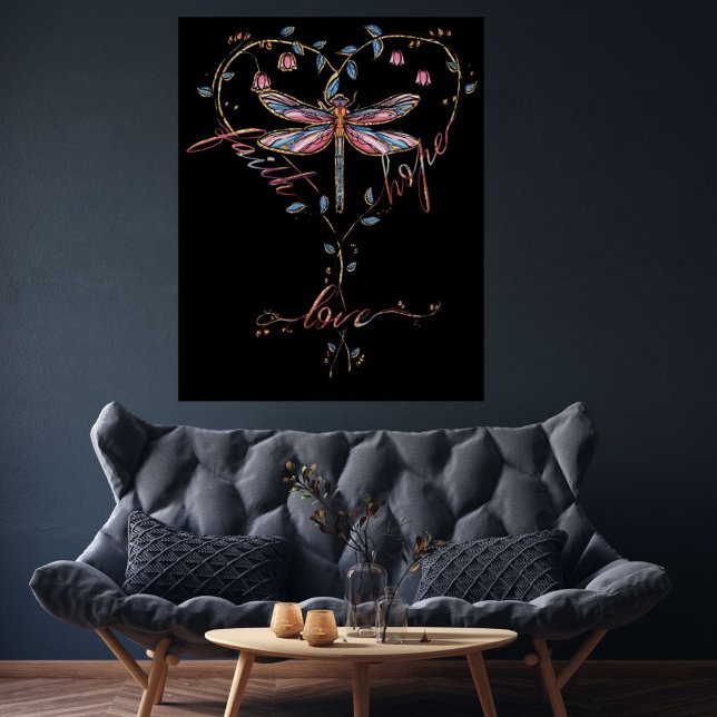 Póster Faith Hope Love Dragonfly Floral Heart Black (Criador carregado)