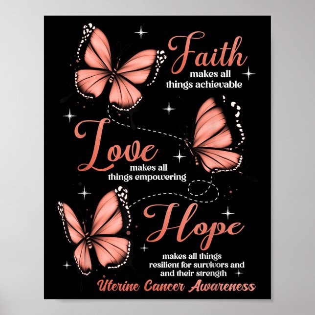 Poster Faith Love Hope Butterfly Uterine Cancer Consciênc (Frente)