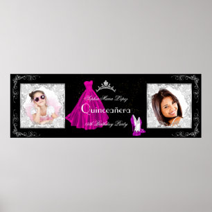 Poster Faixa Adicionar Fotos Festa Quinceanera Rosa Preto