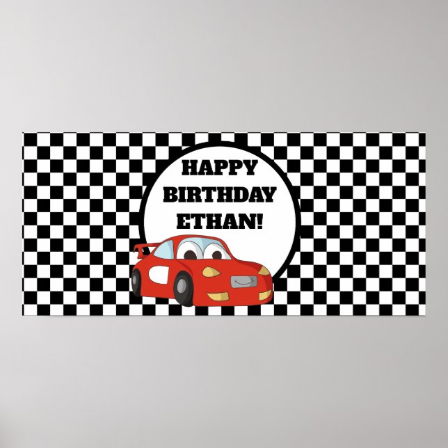 Poster Faixa de Aniversário de Carro de Corrida Vermelho  (Frente)