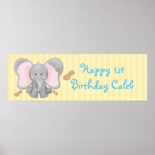 Póster Faixa de Aniversário de Elefante Bebê Fofo e Amend
