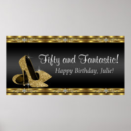 Poster Faixa de aniversário de salto alto preto e dourado