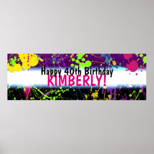 Poster Faixa de Aniversário Neon com Efeito de Tinta Espa