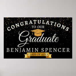 Poster Faixa de Celebração de Graduação Preta e Dourada