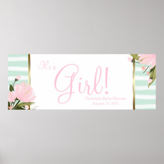Poster Faixa de chá de bebê rosa e verde menta