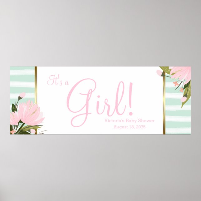 Poster Faixa de chá de bebê rosa e verde menta (Frente)