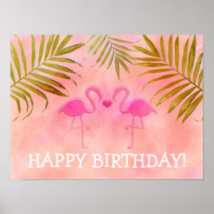 Póster Faixa de festa de praia tropical com dois flamingo