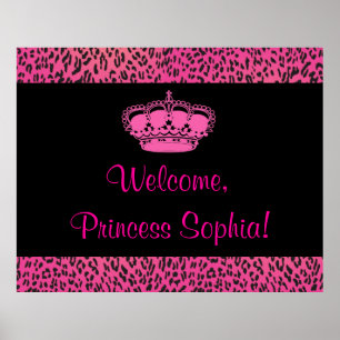 Póster Faixa de festa de princesas rosa quente leopardo