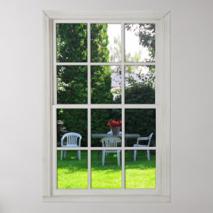 Poster Fake Window - White Wood - Backyard View
