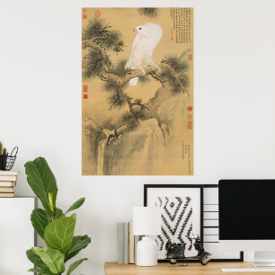 Poster Falcão Branco Vintage em Árvore de Pinheiro Arte C