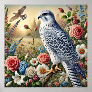 Poster Falcão Lindo Empoleirado Entre Flores Vibrantes