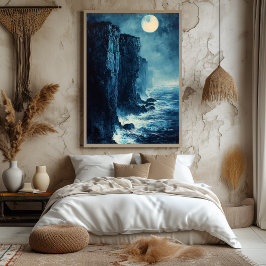Poster Falésias do Oceano ao Luar em Azul Monocromático
