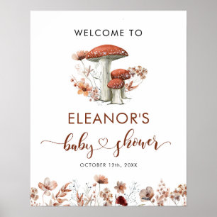 Poster Fall Boho Mushroom Chá de fraldas Floral sinal de 