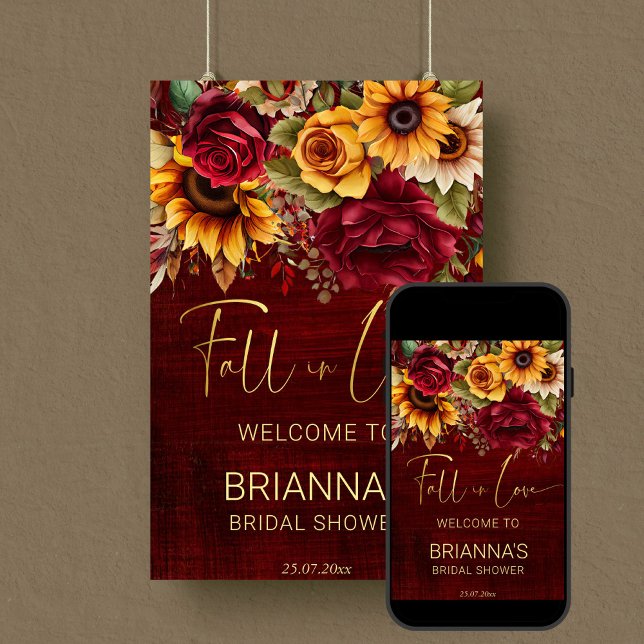 Poster Fall chá de panela burgundy sinal de boas-vindas (Fall in love bridal shower burgundy welcome sign editable template poster digital download)