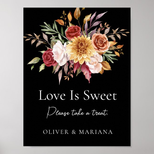 Poster Fall Floral Black Weding Love Is Sweet Sinal (Frente)