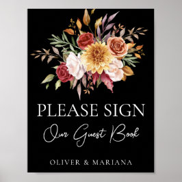 Poster Fall Floral Black Weding Sinal Guest Book