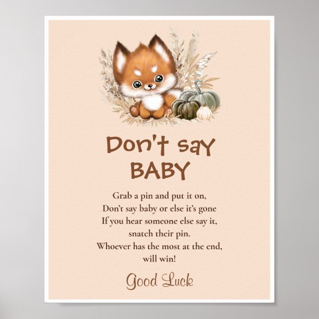 Poster Fall Fox Chá de fraldas Don't say Baby Game Sign (Frente)