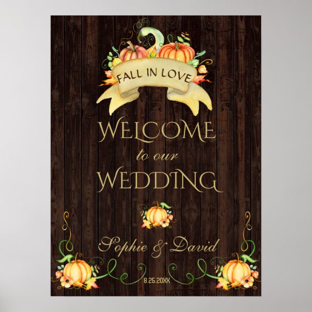 Poster Fall In Love Pumpkins Bem-Vindo Sinal De Casamento (Frente)