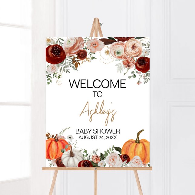 Poster Fall Marsala Burgundy Floral Pumpkin Bem-vindo (Fall Floral Pumpkin Baby Shower Welcome Sign)