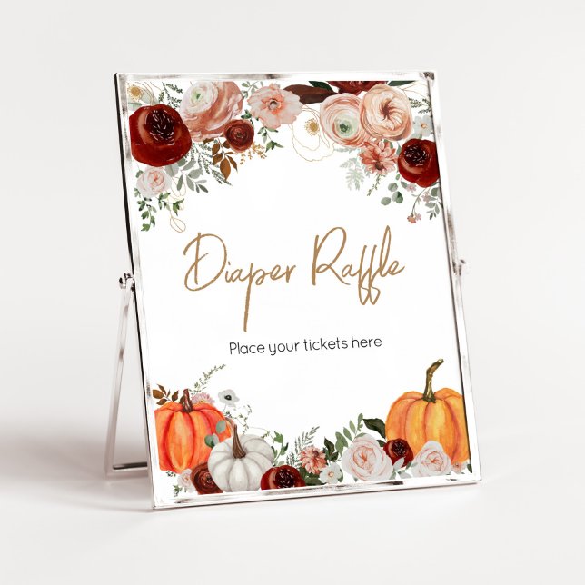 Poster Fall Marsala Burgundy Fralda Floral Pumpkin Raffle (Fall Floral Pumpkin Baby Shower Diaper Raffle Sign)